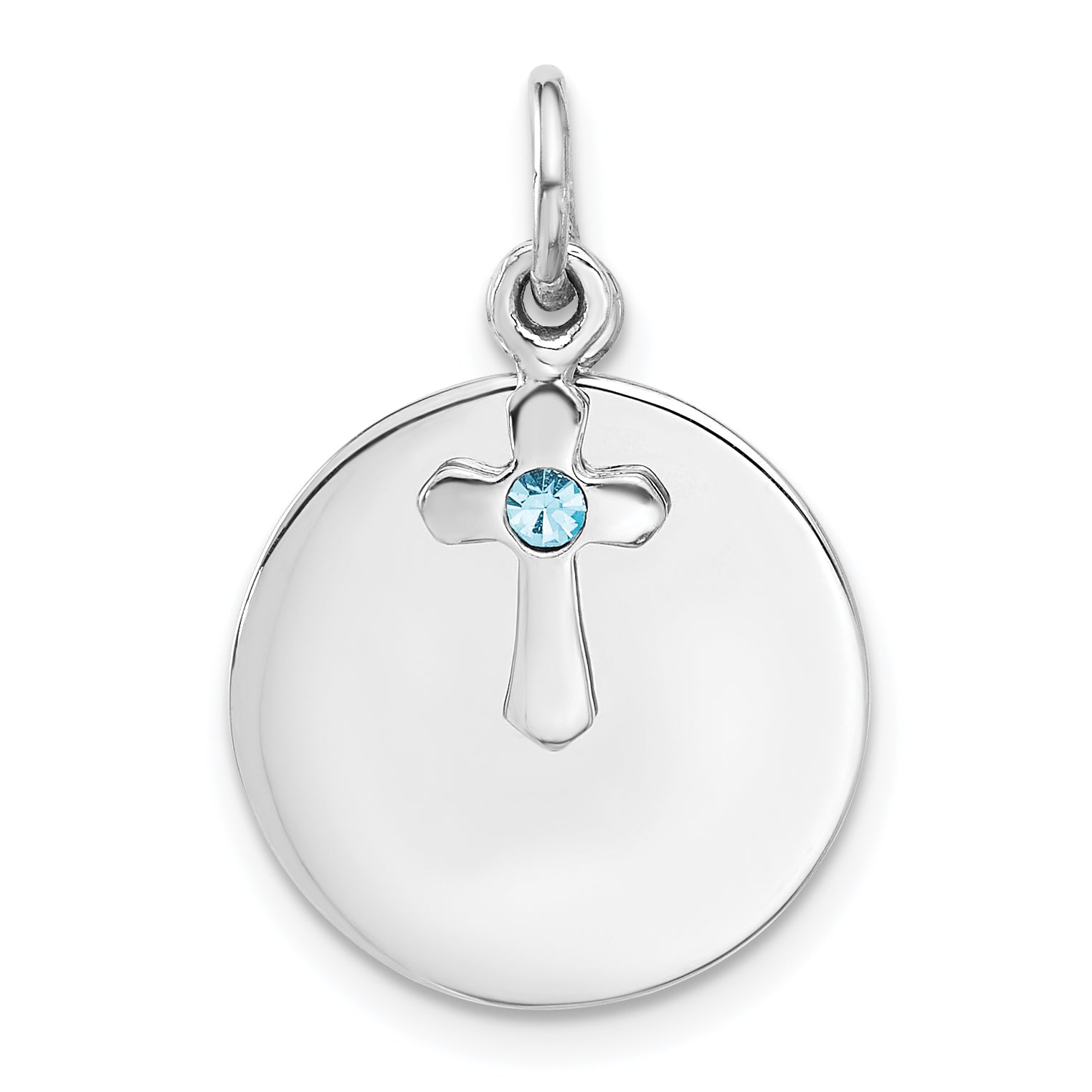 SS Rhodium-plated Circle Disk and Cross with Blue Crystal Pendant