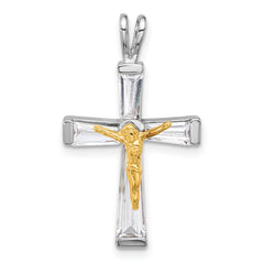 Sterling Silver Rhodium-plated Gold-tone CZ Crucifix Pendant
