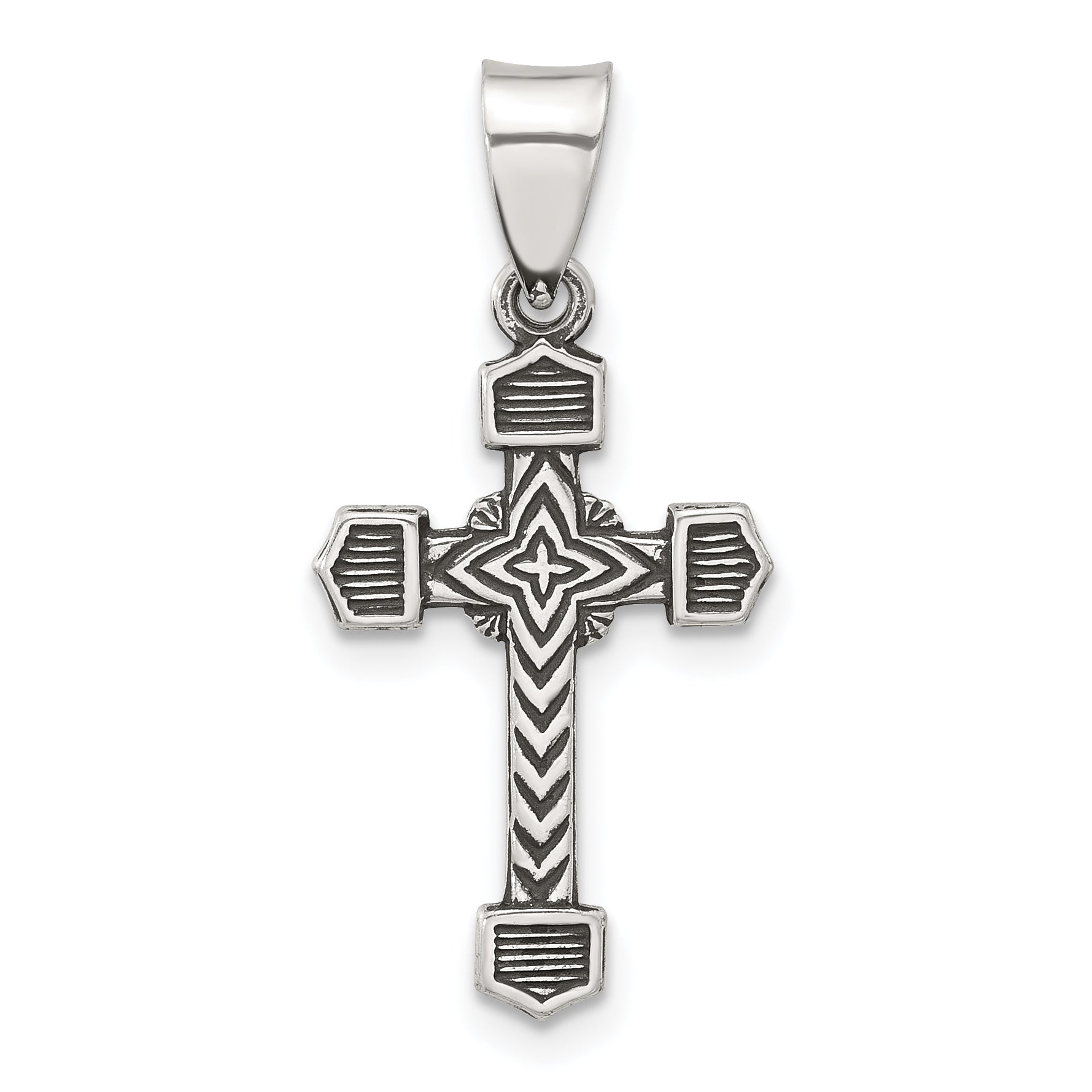 Sterling Silver Antiqued Solid Textured Budded Cross Pendant