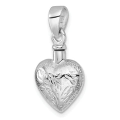 Sterling Silver Rhodium-plated Polished and Textured Heart with Leaves Ash Holder Pendant