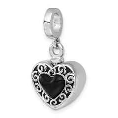 Sterling Silver Rhodium-plated Onyx Enameled Heart Ash Holder Bead/Pendant