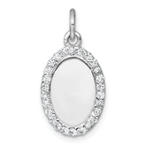 Sterling Silver Rhodium-plated Polished CZ Engraveable Oval Pendant