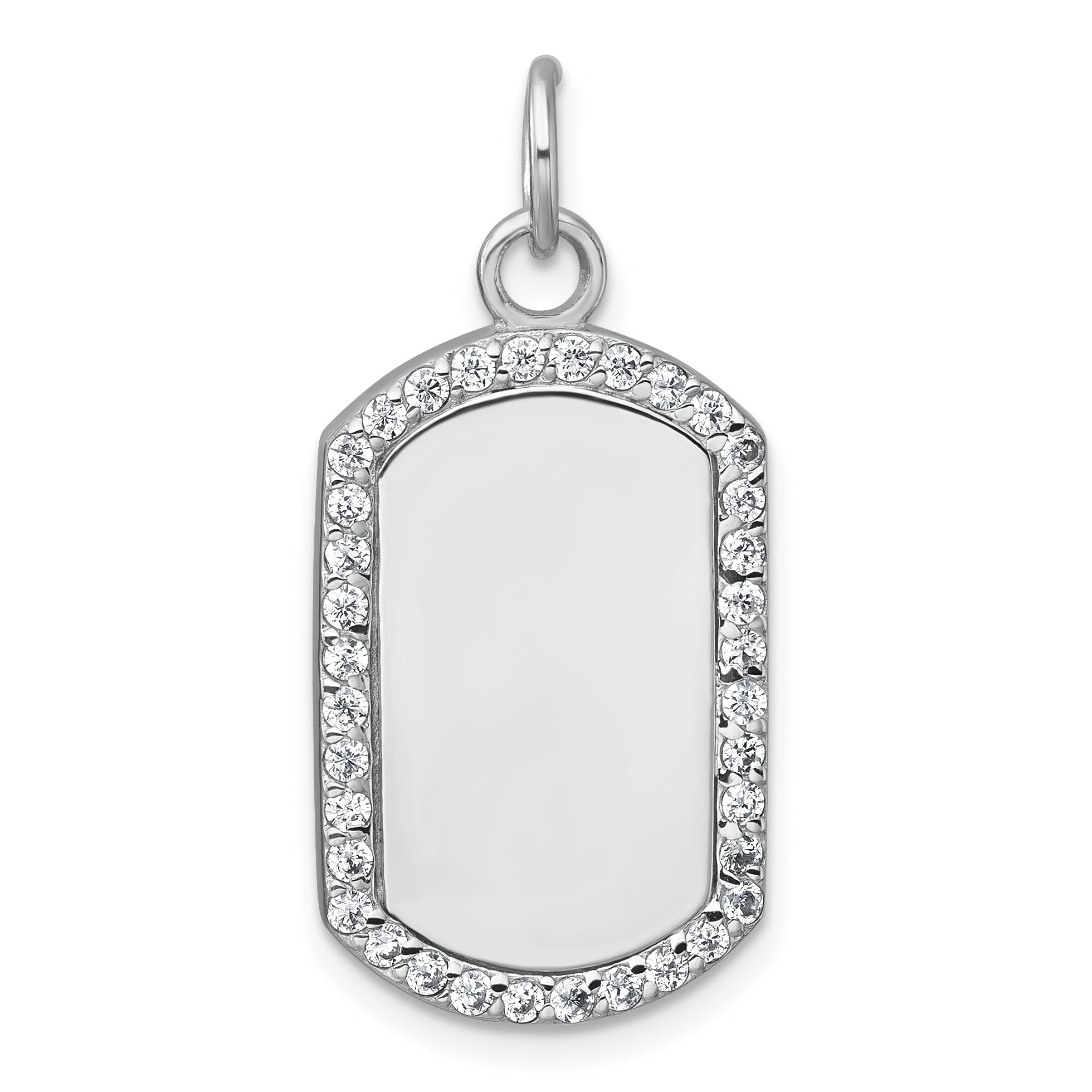 Sterling Silver Rhodium-plated Polished CZ Engraveable Dog Tag Pendant