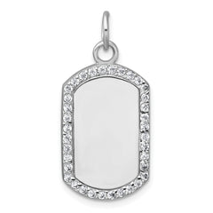Sterling Silver Rhodium-plated Polished CZ Engraveable Dog Tag Pendant