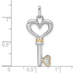 Sterling Silver Rhodium-plated with 14k Accent Polished CZ Heart Key Pendant