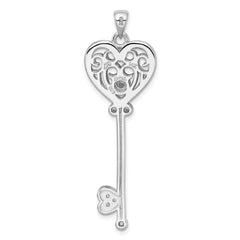 Sterling Silver Rhodium-plated with 14k Accent Polished CZ Filigree Heart Key Pendant