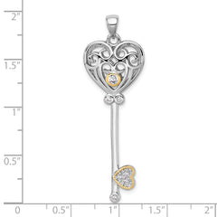 Sterling Silver Rhodium-plated with 14k Accent Polished CZ Filigree Heart Key Pendant