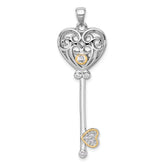 Sterling Silver Rhodium-plated with 14k Accent Polished CZ Filigree Heart Key Pendant