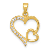 Sterling Silver Gold-tone Polished CZ Large Heart with Small Heart Pendant