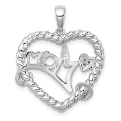Sterling Silver Rhodium-plated with 14k Accent Polished CZ MOM Rope Heart Pendant