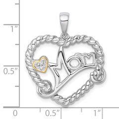 Sterling Silver Rhodium-plated with 14k Accent Polished CZ MOM Rope Heart Pendant