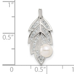 Sterling Silver Polished CZ and Acrylic Pearl on Leaf Chain Slide Pendant