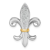 Sterling Silver Rhodium-plated with 14k Accent Polished CZ Fleur De Lis Chain Slide Pendant