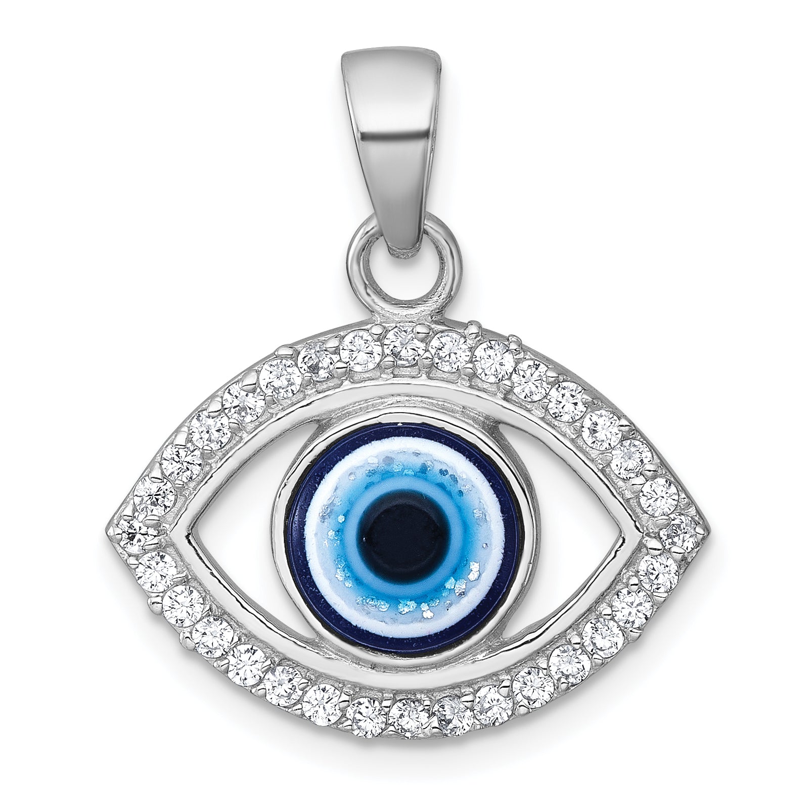 Sterling Silver Rhodium-plated Polished CZ and Glass Stone Evil Eye Pendant