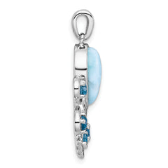 Sterling Silver Rhodium-plated Polished Larimar, White and Blue Topaz Octopus Pendant