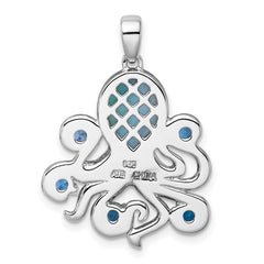 Sterling Silver Rhodium-plated Polished Larimar, White and Blue Topaz Octopus Pendant