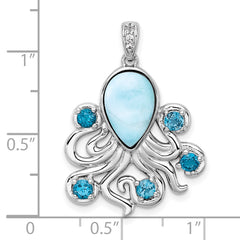 Sterling Silver Rhodium-plated Polished Larimar, White and Blue Topaz Octopus Pendant