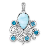 Sterling Silver Rhodium-plated Polished Larimar, White and Blue Topaz Octopus Pendant
