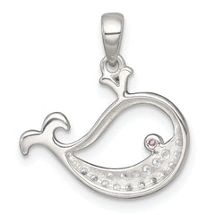 Sterling Silver Polished Pink and White CZ Cut-out Whale Pendant