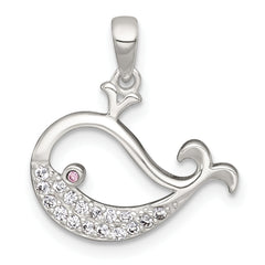 Sterling Silver Polished Pink and White CZ Cut-out Whale Pendant