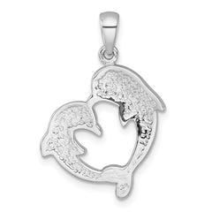 Sterling Silver Rhodium-plated Polished Blue and Black Crystal Dolphins Heart Shape Pendant