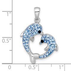 Sterling Silver Rhodium-plated Polished Blue and Black Crystal Dolphins Heart Shape Pendant