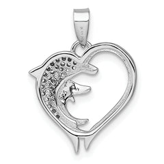 Sterling Silver Rhodium-plated Polished CZ Dolphins Heart Pendant