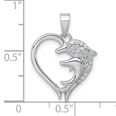 Sterling Silver Rhodium-plated Polished CZ Dolphins Heart Pendant