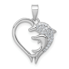 Sterling Silver Rhodium-plated Polished CZ Dolphins Heart Pendant
