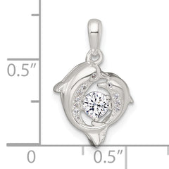 Sterling Silver Polished Vibrant Moving CZ 2-Dolphin Pendant