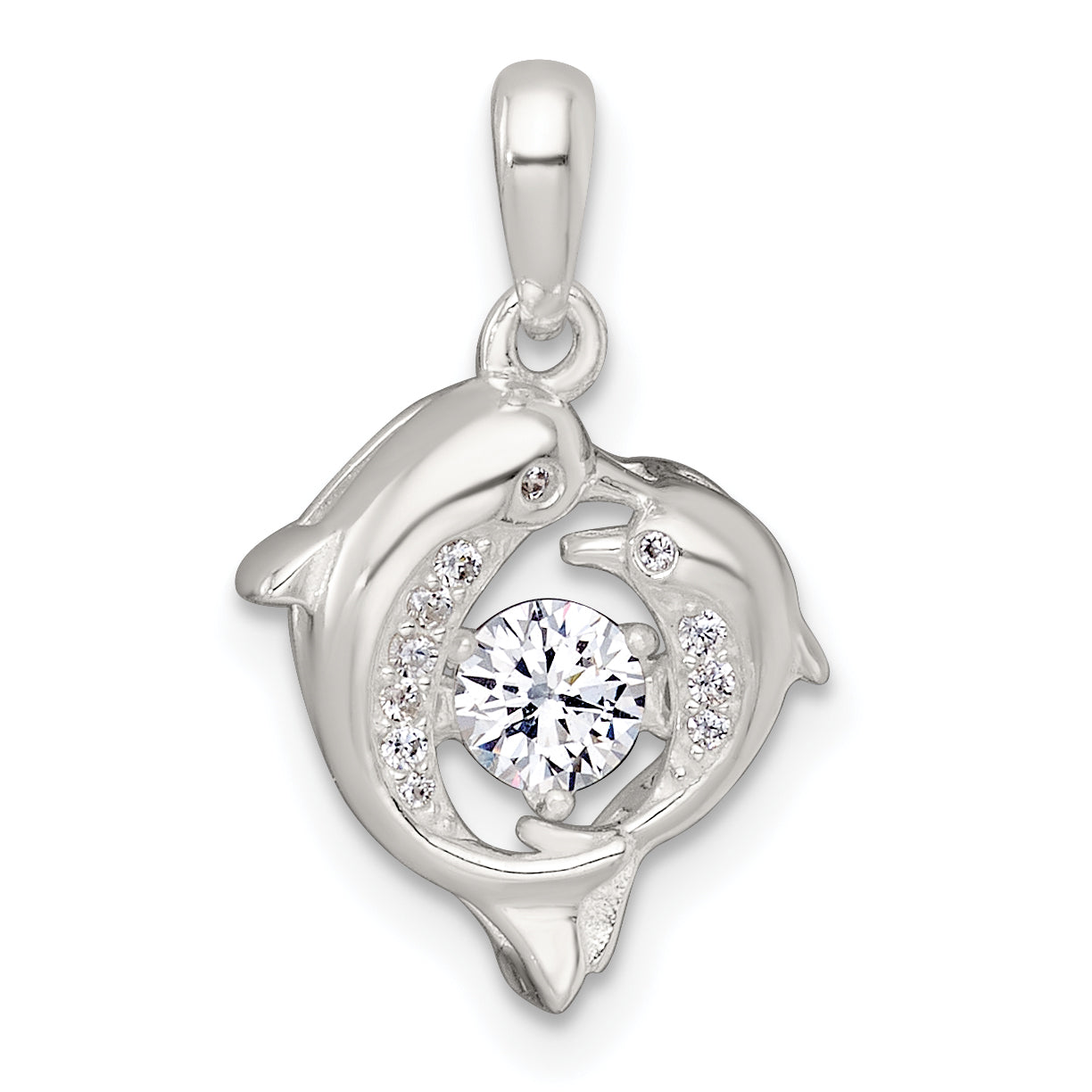 Sterling Silver Polished Vibrant Moving CZ 2-Dolphin Pendant