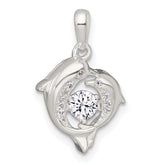 Sterling Silver Polished Vibrant Moving CZ 2-Dolphin Pendant