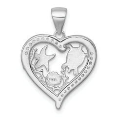 Sterling Silver Rhodium-plated Polished and Textured Blue Lab Created Opal and CZ Sealife Heart Pendant