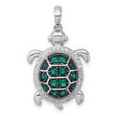 Sterling Silver White and Black Rhodium-plated White and Green CZ Turtle Pendant