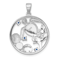 Sterling Silver Rhodium-plated Polished and Textured Larimar and Blue CZ Sealife Pendant