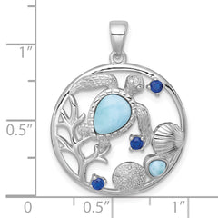 Sterling Silver Rhodium-plated Polished and Textured Larimar and Blue CZ Sealife Pendant