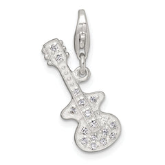Sterling Silver Polished CZ Guitar with Lobster Clasp Charm