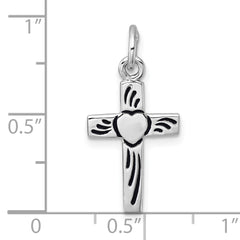 Sterling Silver Rhodium-plated Enameled Polished Heart Cross Pendant