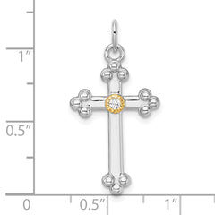 Sterling Silver Rhodium-plated with 14k Accent Polished CZ Budded Cross Pendant
