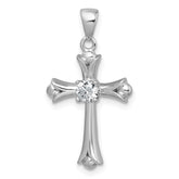 Sterling Silver Rhodium-plated Center CZ Fleur de Lis Cross Pendant