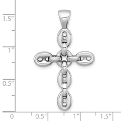 Sterling Silver Rhodium-plated Polished Puffed Mariner/Anchor Link Cross Pendant