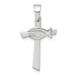 Sterling Silver Brushed Cross with Polished Ichthus Fish Pendant