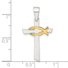 Sterling Silver Polished Cross with Gold-tone Ichthus Fish Pendant