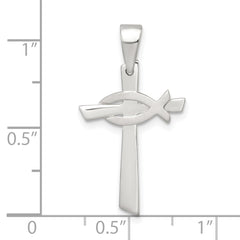 Sterling Silver Polished Cross with Brushed Ichthus Fish Pendant