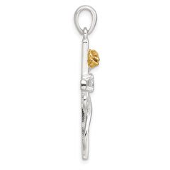 Sterling Silver E-Coat Polished Cross with CZ and Gold-tone Rose Pendant