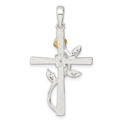 Sterling Silver E-Coat Polished Cross with CZ and Gold-tone Rose Pendant