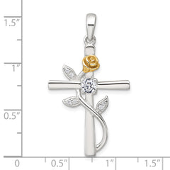Sterling Silver E-Coat Polished Cross with CZ and Gold-tone Rose Pendant