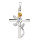 Sterling Silver E-Coat Polished Cross with CZ and Gold-tone Rose Pendant