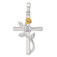 Sterling Silver E-Coat Polished Cross with CZ and Gold-tone Rose Pendant