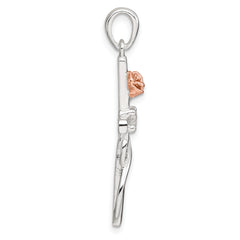 Sterling Silver E-Coat Polished Cross with CZ and Rose-tone Rose Pendant